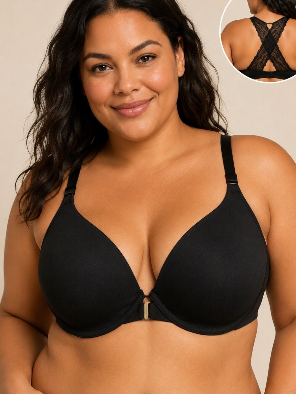 Cacique Black Front-Close Wireless Bra 48B Lace Racerback Full Coverage